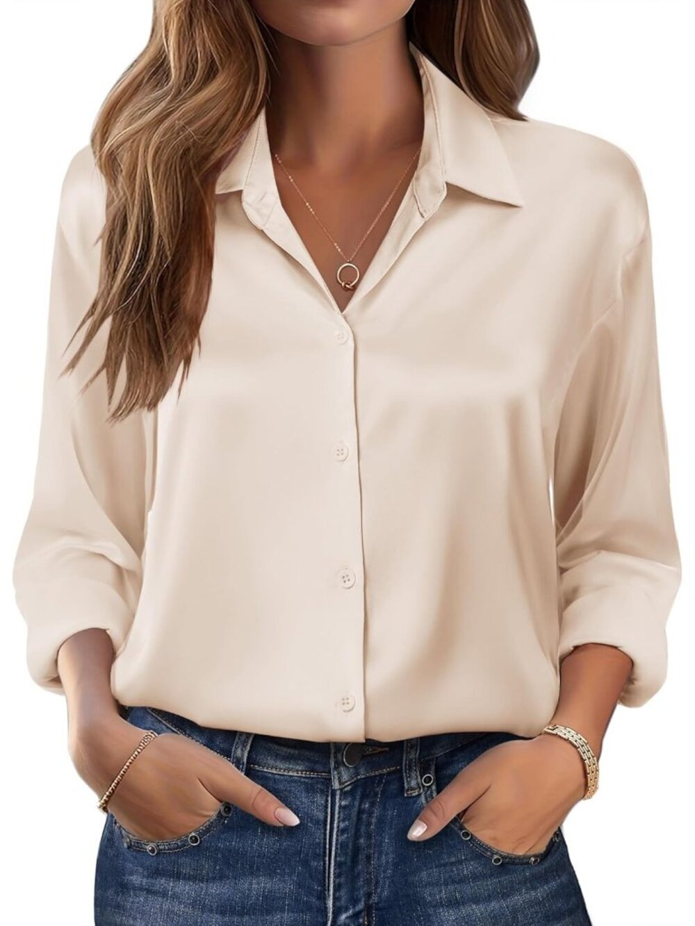 Women's Beige Long Sleeve Satin Silk Button Down Casual Blouses Top T-Shirt